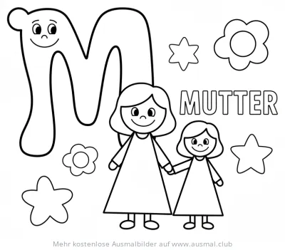 Buchstabe M mit Mutter und Kind Ausmalbild