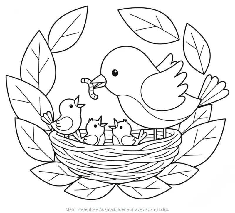 Vogelmutter füttert Küken im Nest Ausmalbild