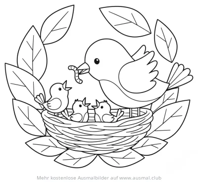 Vogelmutter füttert Küken im Nest Ausmalbild