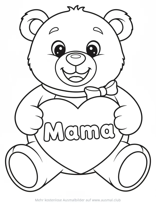Teddybär mit Herz und Mama Schriftzug Ausmalbild