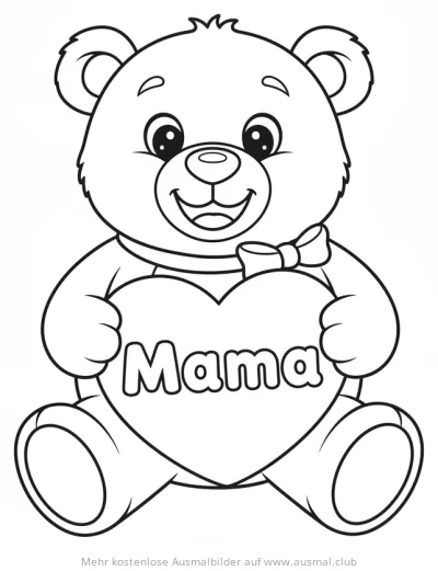 Teddybär mit Herz und Mama Schriftzug Ausmalbild