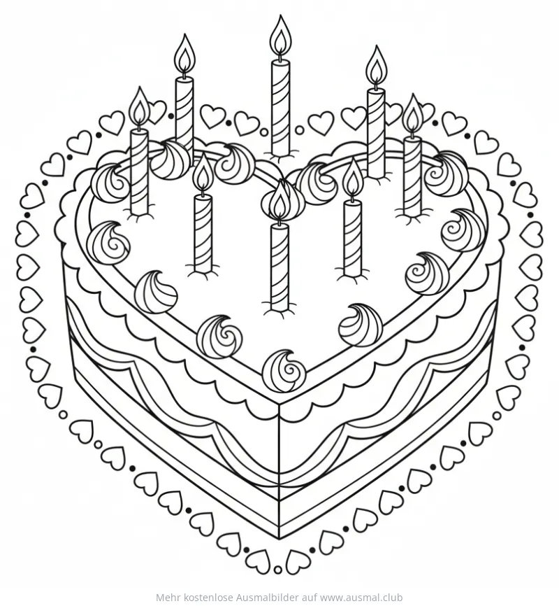 Herzkuchen mit Kerzen Ausmalbild