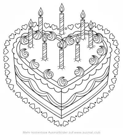 Herzkuchen mit Kerzen Ausmalbild