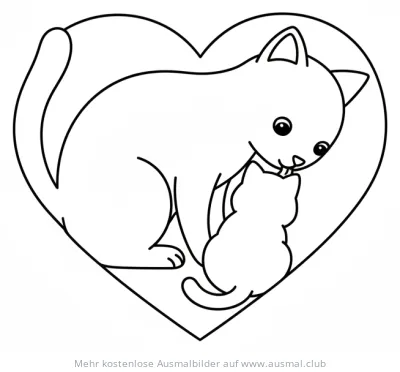 Katzenmutter mit Kätzchen in Herzform Ausmalbild