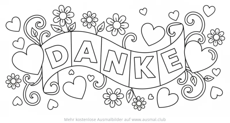 Danke Banner mit Herzen und Blumen Ausmalbild