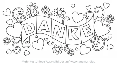 Danke Banner mit Herzen und Blumen Ausmalbild