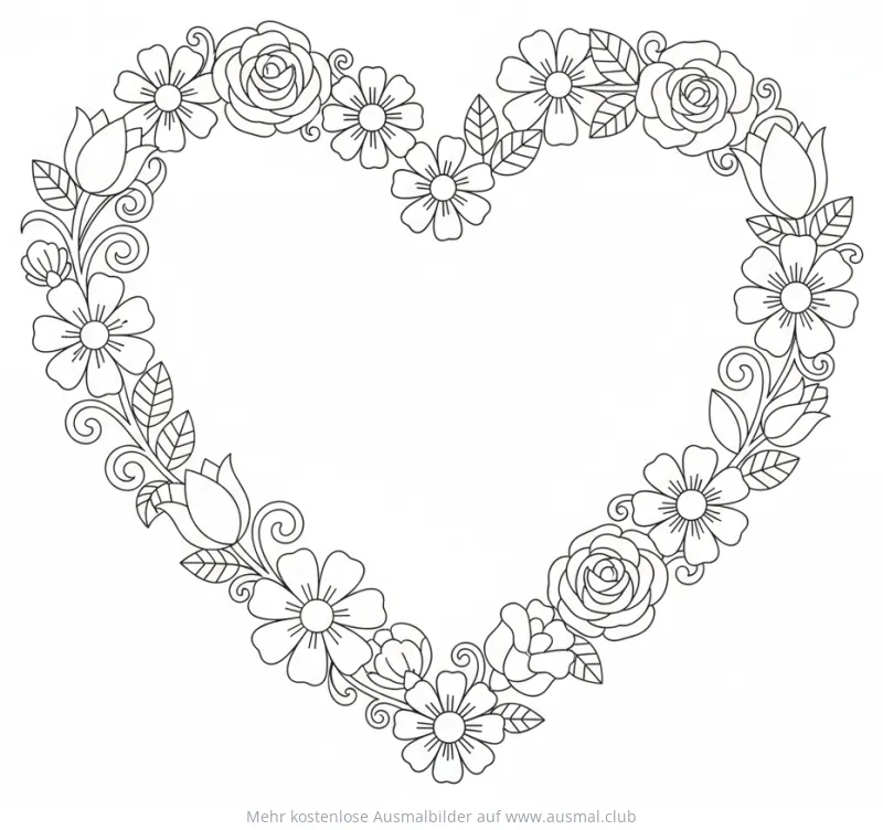 Herzförmiger Rahmen mit Blumen Ausmalbild