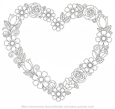 Herzförmiger Rahmen mit Blumen Ausmalbild