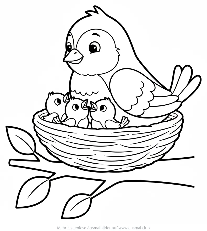 Vogelnest mit Vogelmama und Küken Ausmalbild