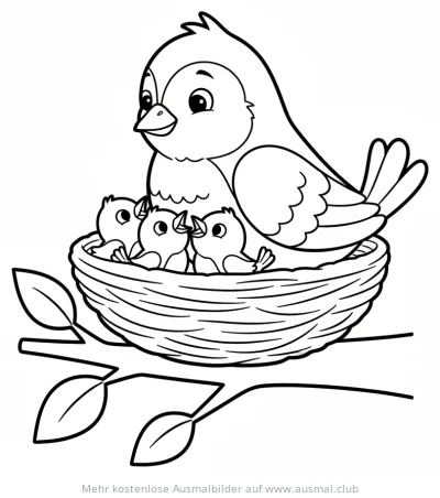Vogelnest mit Vogelmama und Küken Ausmalbild