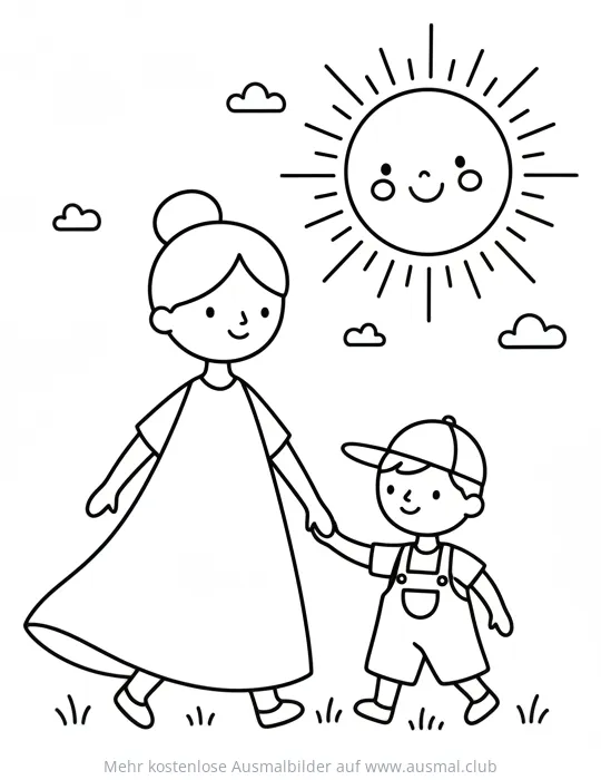 Mutter und Kind Hand in Hand unter Sonne Ausmalbild