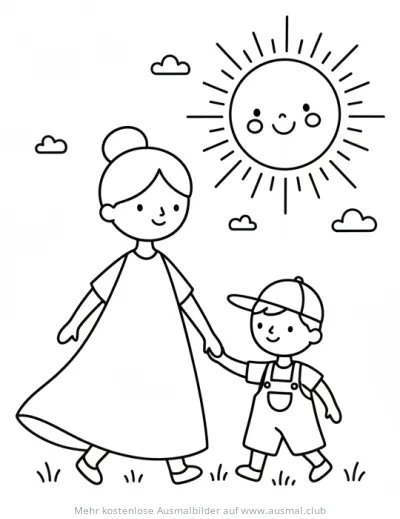 Mutter und Kind Hand in Hand unter Sonne Ausmalbild