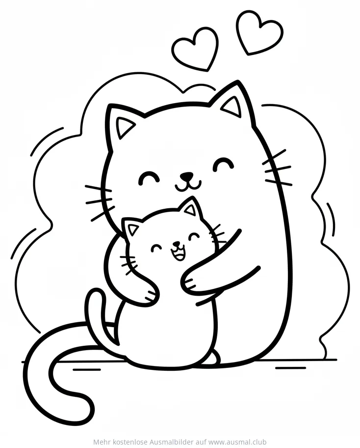 Katzenmama und Baby Katze kuscheln Ausmalbild