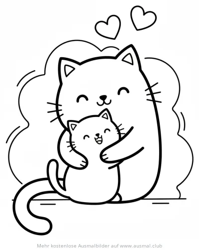Katzenmama und Baby Katze kuscheln Ausmalbild