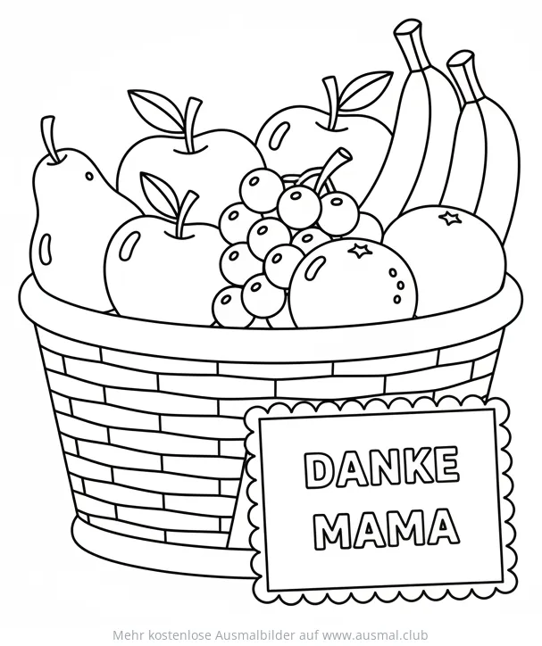 Obstkorb mit Dankeskarte für Mama Ausmalbild