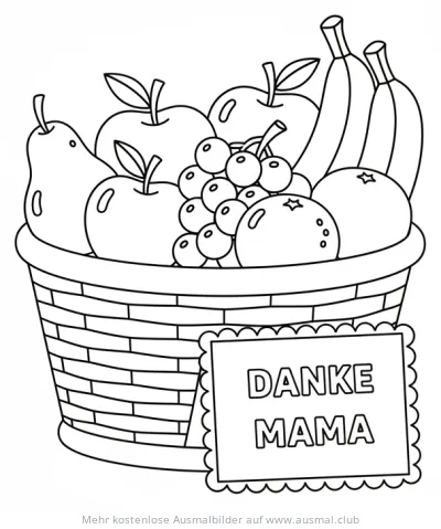 Obstkorb mit Dankeskarte für Mama Ausmalbild