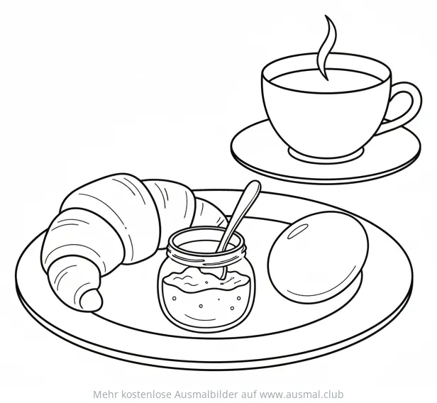Teller mit Frühstück Croissant Marmelade Ei Tee Ausmalbild