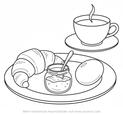 Teller mit Frühstück Croissant Marmelade Ei Tee Ausmalbild