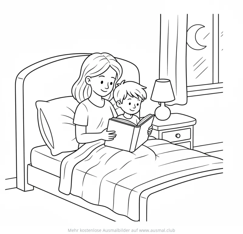 Mutter liest Kind im Bett vor Ausmalbild