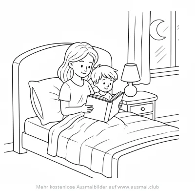 Mutter liest Kind im Bett vor Ausmalbild