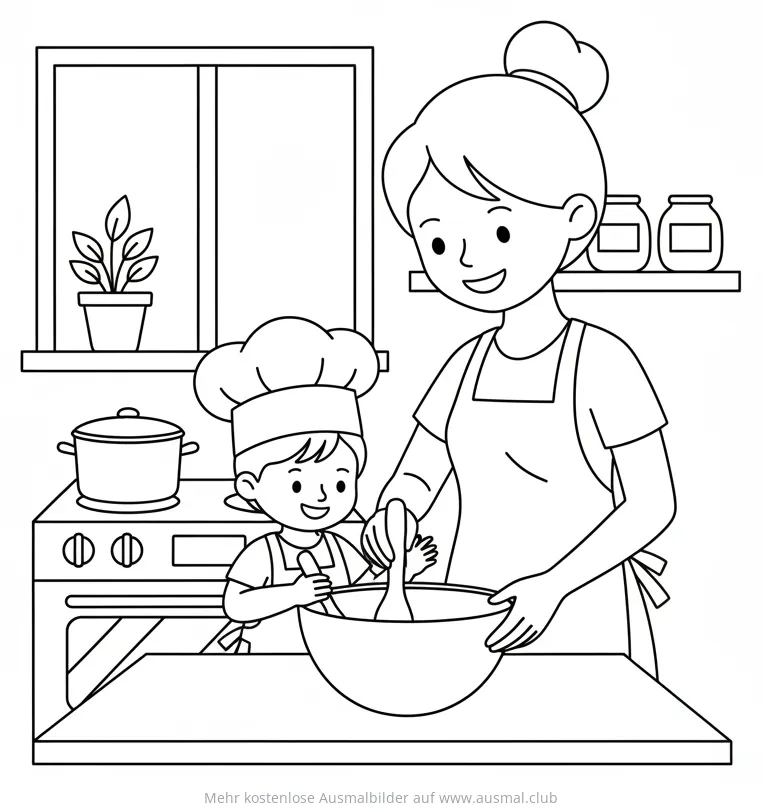 Mutter und Kind kochen zusammen Ausmalbild