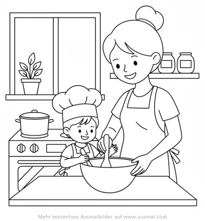 Mutter und Kind kochen zusammen Ausmalbild