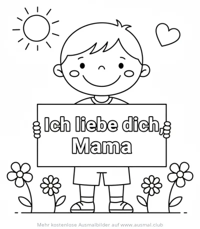 Kind mit Schild Ich liebe dich Mama Ausmalbild