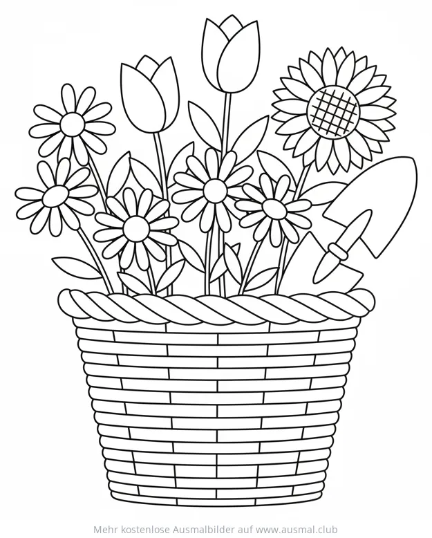 Korb mit Blumen und Gartenschaufel Ausmalbild