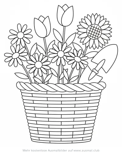 Korb mit Blumen und Gartenschaufel Ausmalbild