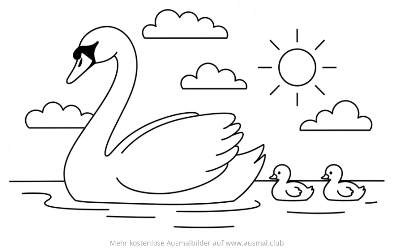 Schwanenmutter mit Jungen auf dem See Ausmalbild