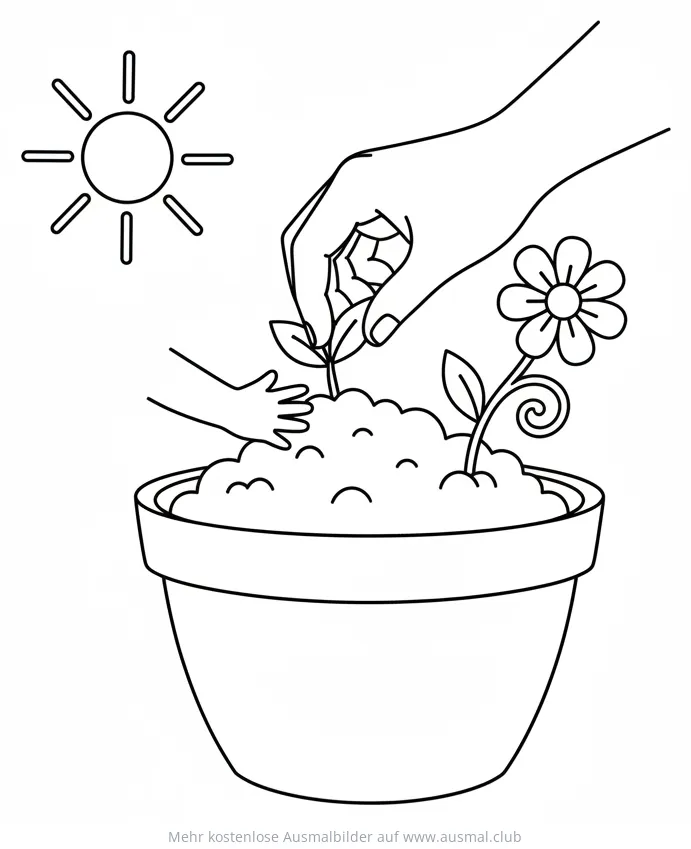 Kinderhand und Mutterhand pflanzen Blume Ausmalbild
