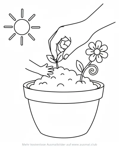 Kinderhand und Mutterhand pflanzen Blume Ausmalbild