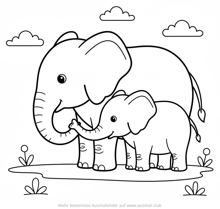 Elefantenmutter und Elefantenbaby halten Schwänze Ausmalbild