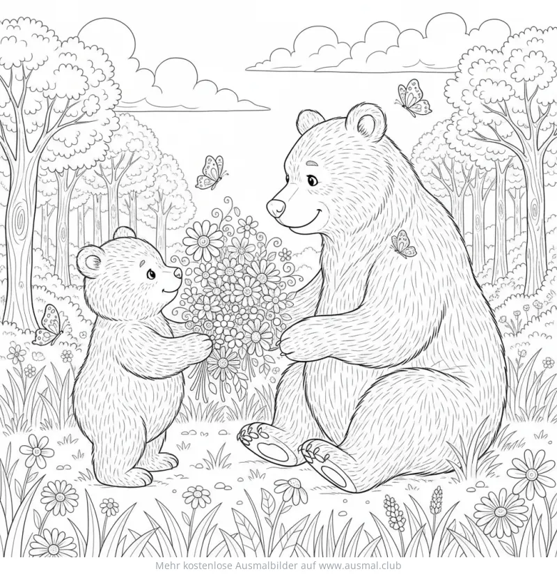 Muttertag Ausmalbild: Bär überreicht Bärin Blumenstrauß im Wald