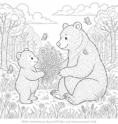 Muttertag Ausmalbild: Bär überreicht Bärin Blumenstrauß im Wald