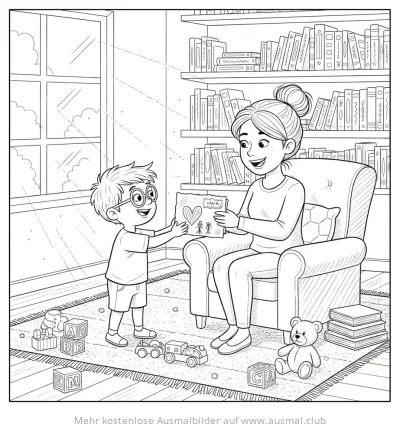 Junge überreicht Mutter selbstgemalte Karte Ausmalbild