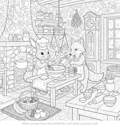 Hase und Fuchs backen zusammen in der Küche Ausmalbild