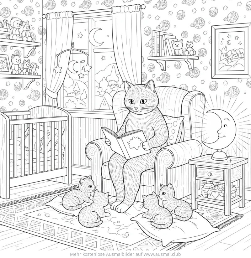 Katzenmama liest ihren Kätzchen vor Ausmalbild