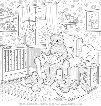 Katzenmama liest ihren Kätzchen vor Ausmalbild