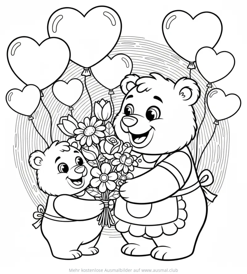 Bär mit Blumenstrauß und Herzballons Ausmalbild