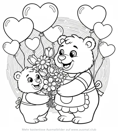 Bär mit Blumenstrauß und Herzballons Ausmalbild