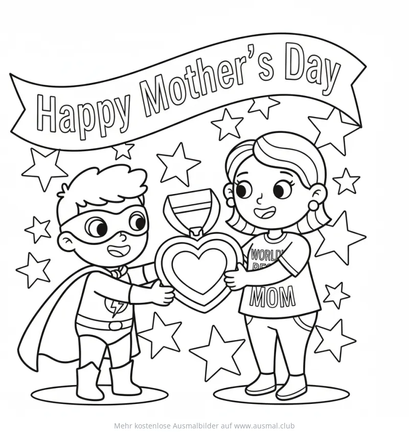 Superheld schenkt Mutter eine Medaille zum Muttertag Ausmalbild