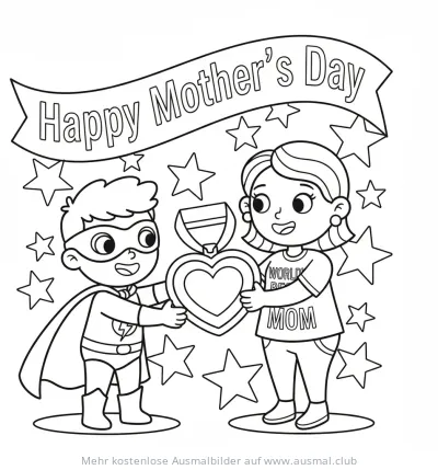 Superheld schenkt Mutter eine Medaille zum Muttertag Ausmalbild