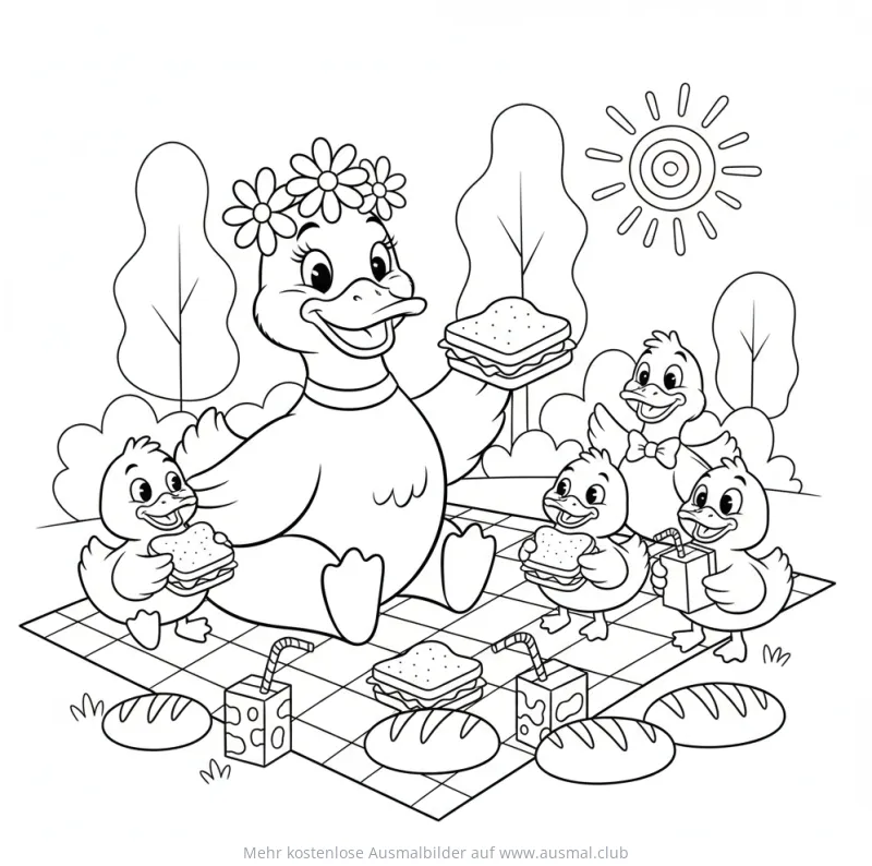 Entenmutter mit Küken beim Picknick Ausmalbild