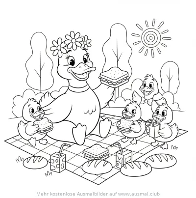 Entenmutter mit Küken beim Picknick Ausmalbild