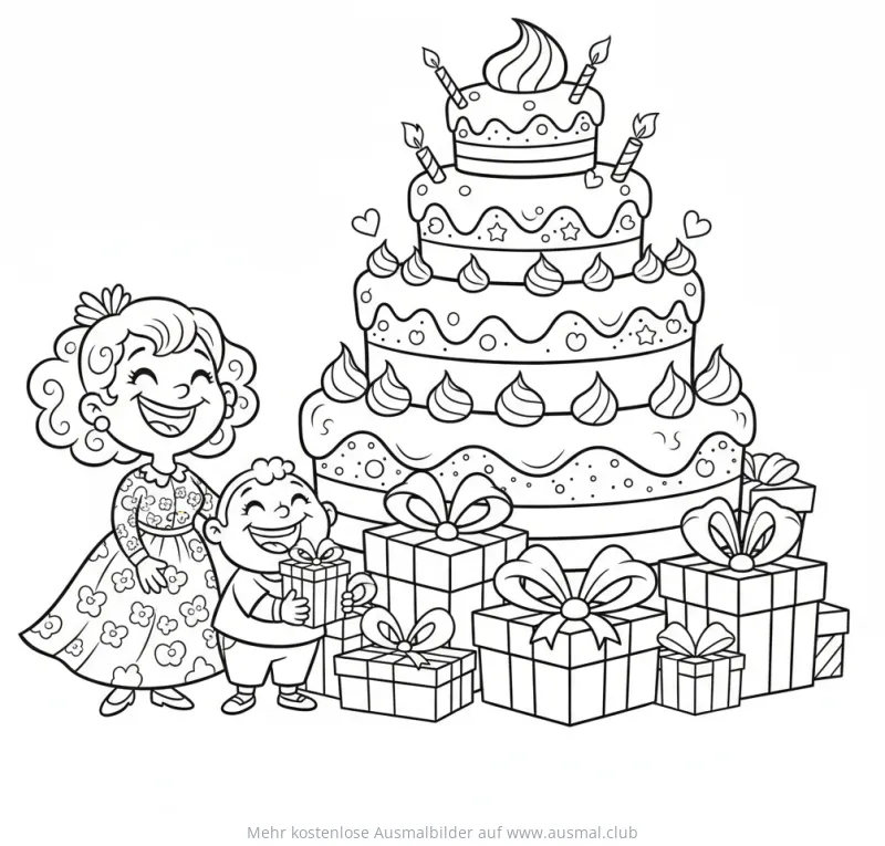 Mutter mit Kind und großer Geburtstagstorte Ausmalbild