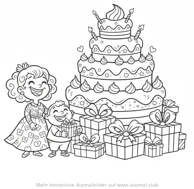 Mutter mit Kind und großer Geburtstagstorte Ausmalbild