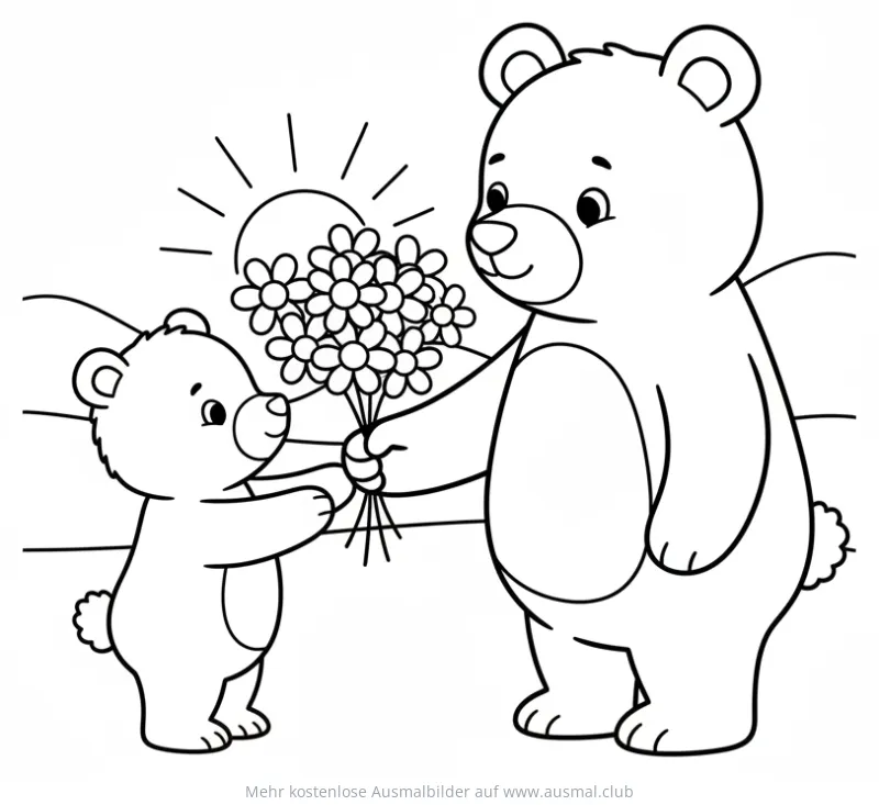 Großer Bär überreicht kleinem Bären Blumenstrauß Ausmalbild