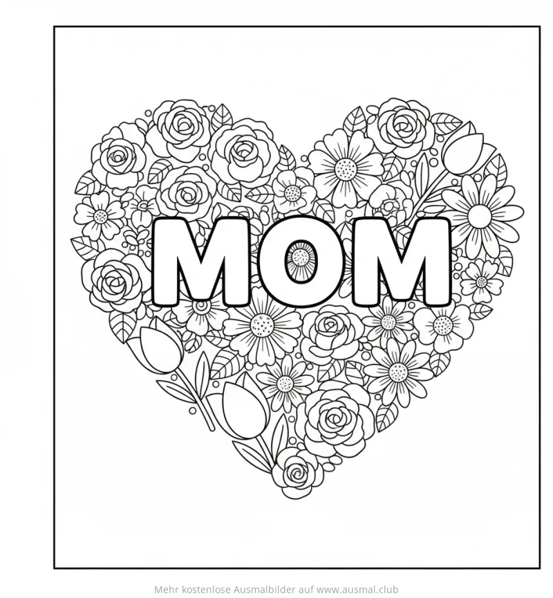 Herz aus Blumen mit der Aufschrift 'MOM' Ausmalbild