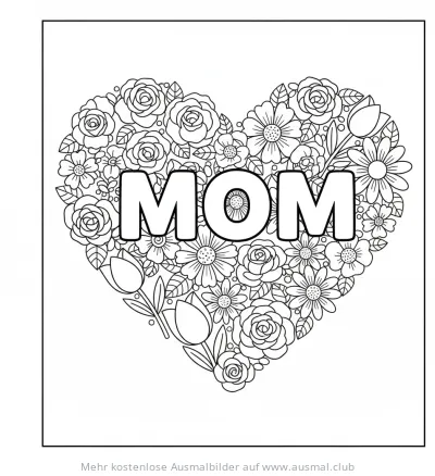 Herz aus Blumen mit der Aufschrift 'MOM' Ausmalbild